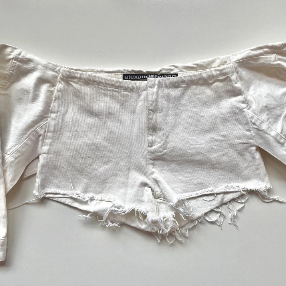 Alexander Wang Sleeve Tie Shorts Denim Skirt Carpenter, White, Size 27 - Picture 7 of 13